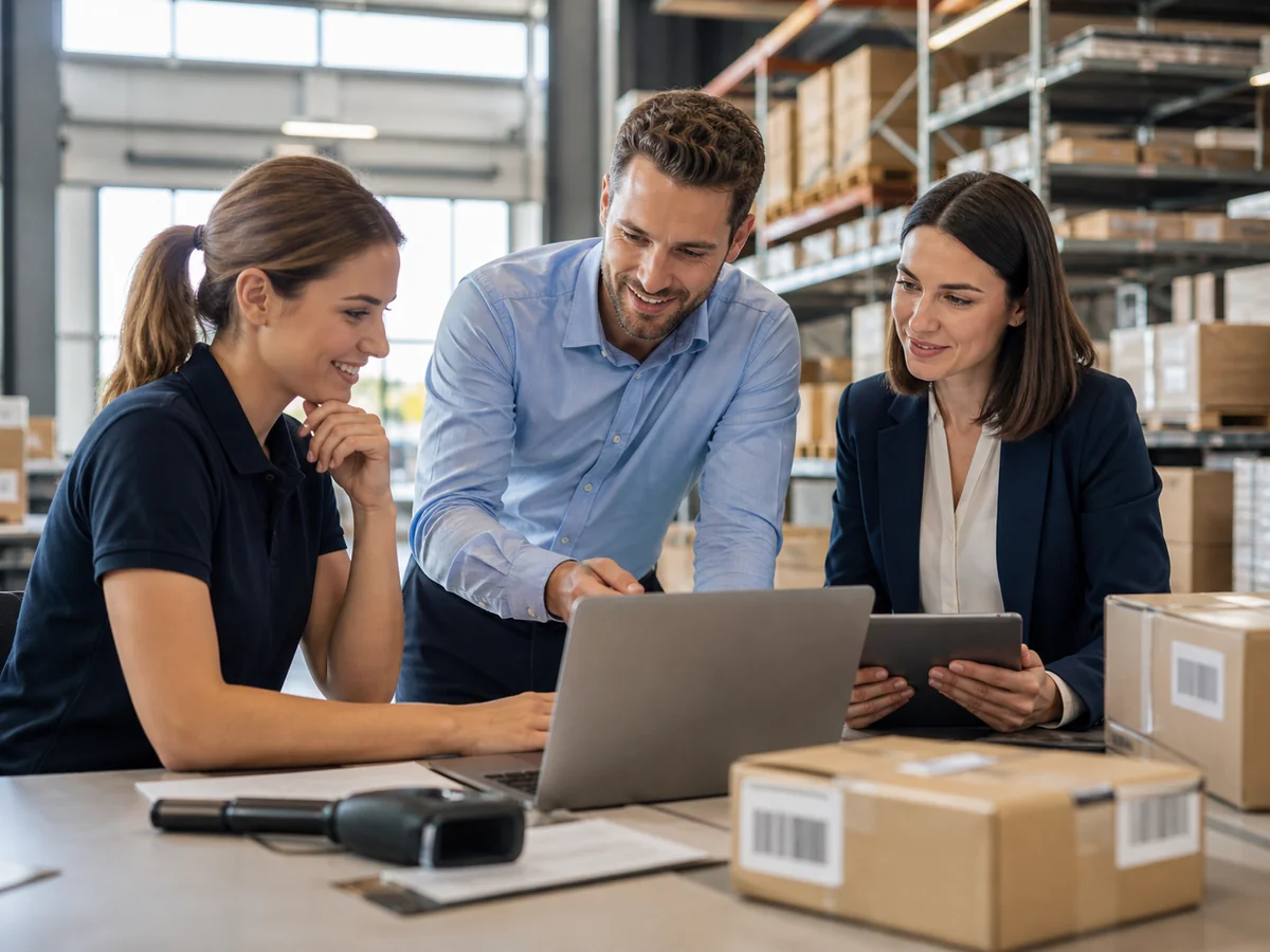 VIICO-Beraterin mit zwei Logistikern am Laptop im Lager, Pakete auf dem Tisch