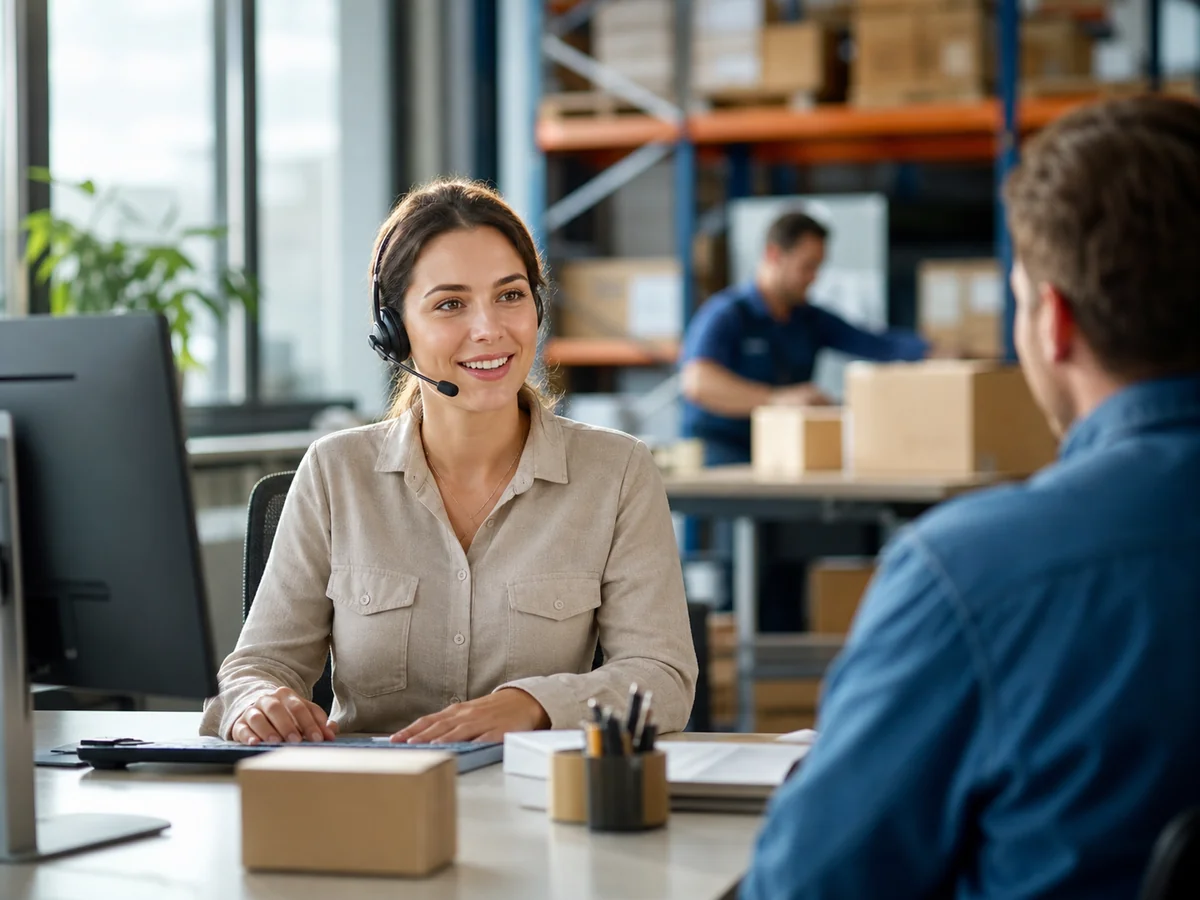 Disponentin am Headset im Lager-Office, Mitarbeiter mit Boxen im Hintergrund