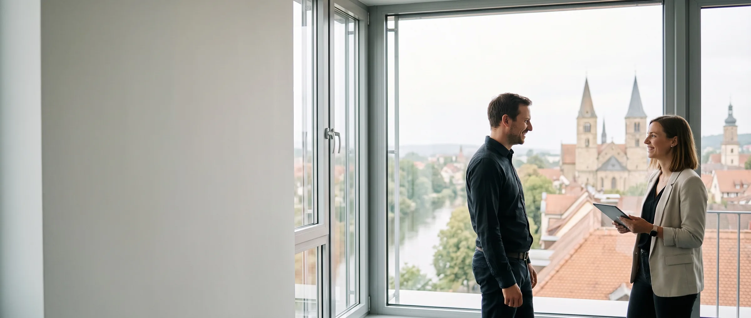 Zwei Kolleginnen und Kollegen im Gespräch an einem Bürofenster mit Blick über eine Stadt am Fluss