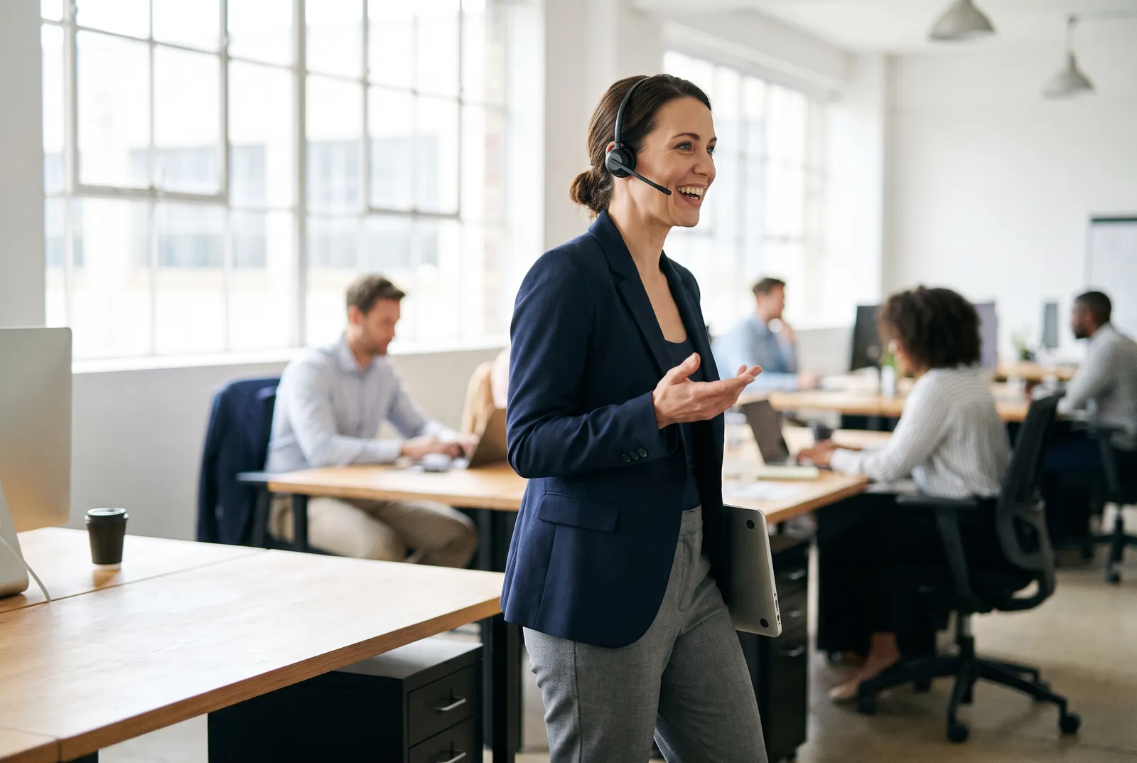 Moderner Arbeitsplatz mit IP-Telefon und Notebook