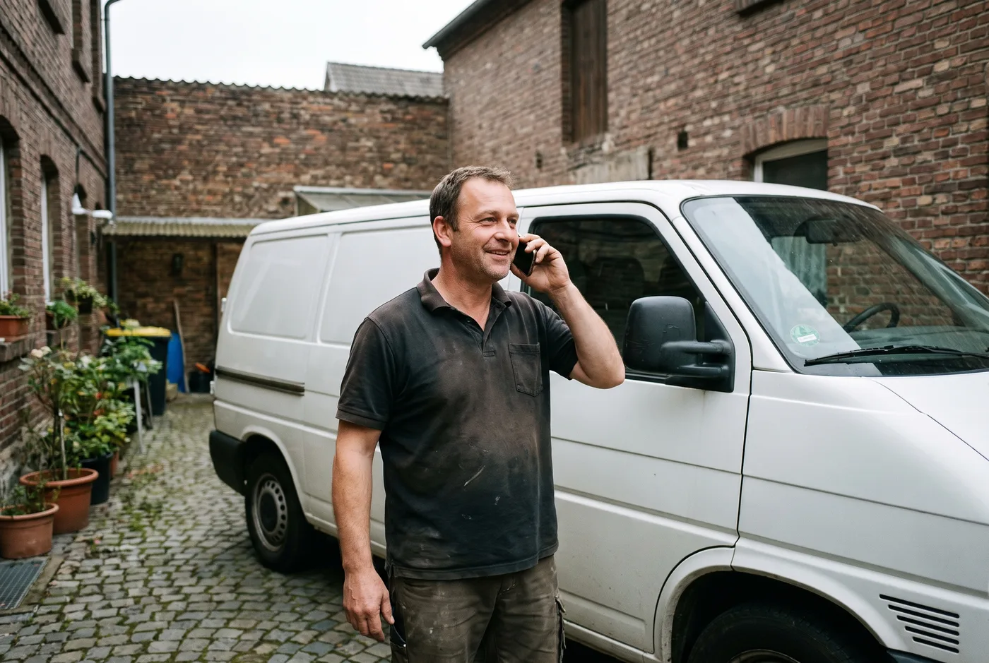 Handwerker telefoniert mit dem Mobiltelefon neben seinem Transporter im Hof