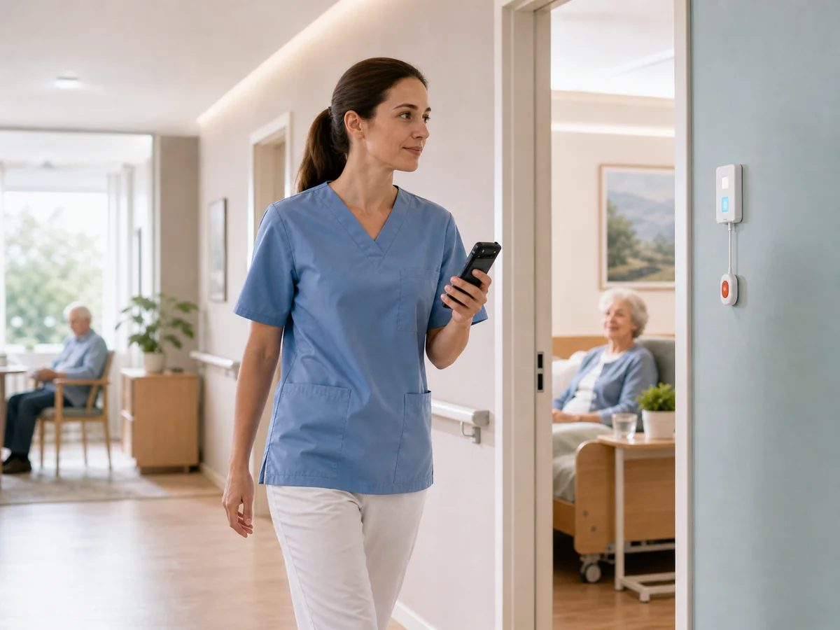 Flur in Pflegeeinrichtung mit Alarm-Anzeige