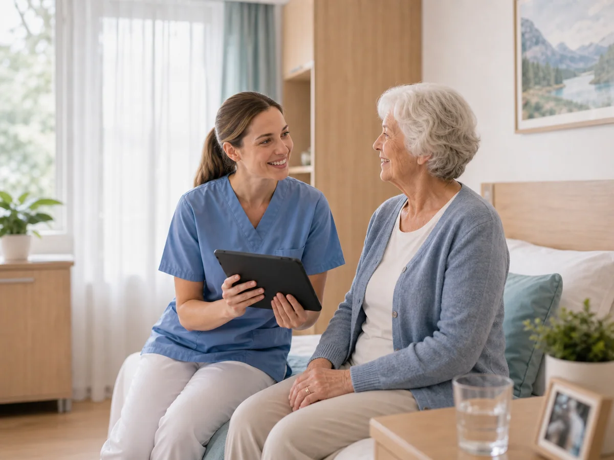 Pflegekraft mit Tablet im Bewohnerzimmer, Lichtruf-Sensor an der Wand