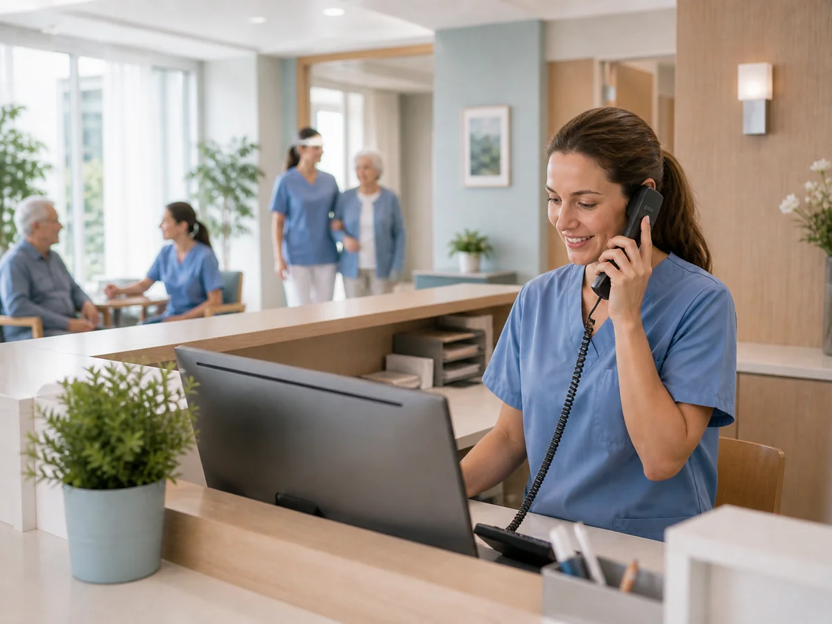Pflegekraft mit DECT-Handset am Empfang, Kollegin am Monitor mit Pflegesoftware